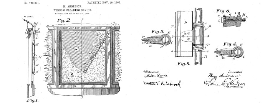 Mary Anderson's illustration of her 1903 patented window cleaning device.