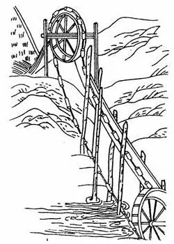 a vertical waterwheel as part of a cylinder-wheel chain pump bringing water up from a river to an irrigation canal of a crop field