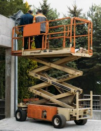 Two technicians are working on a scissor lifts